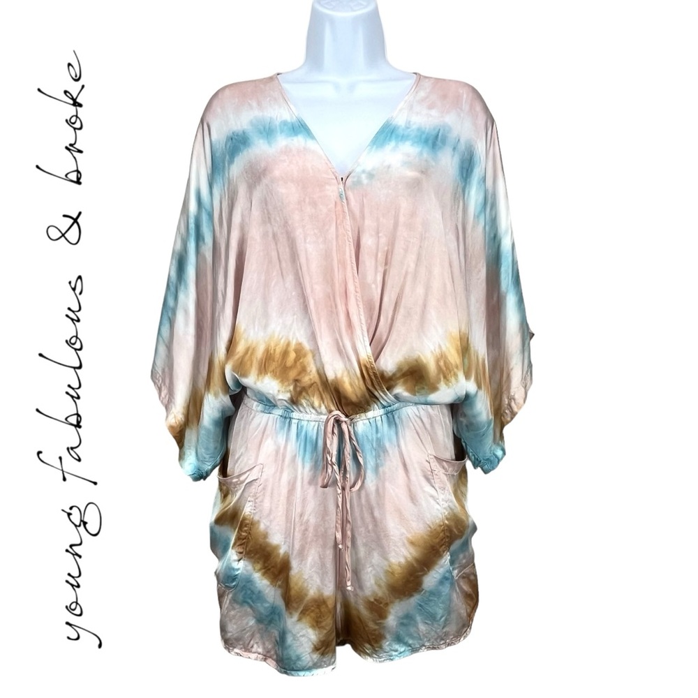 Young Fabulous & Broke Women Large Ashby‎ Tie-Dye Satin Romper Kimono Sleeve